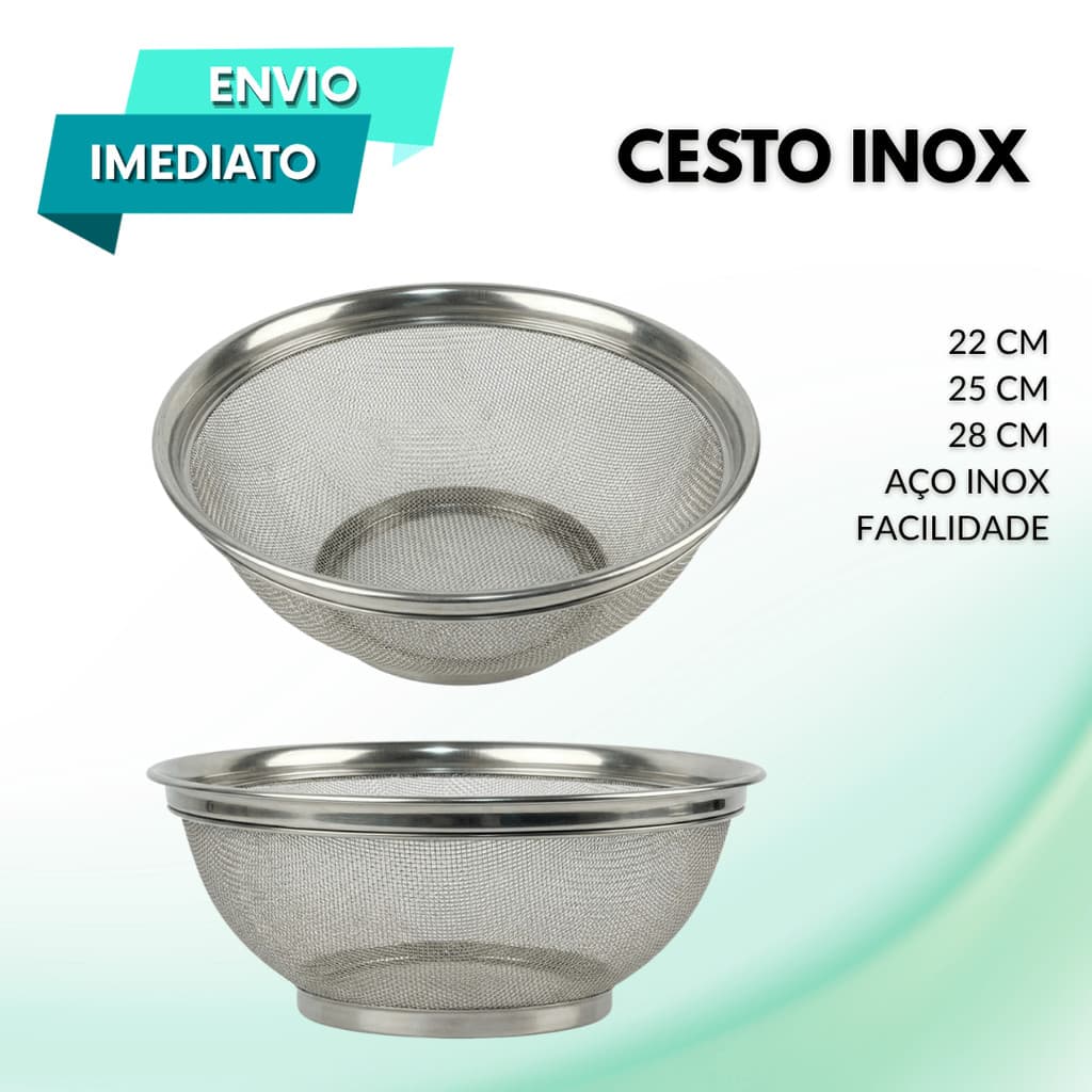Cesto Inox 22 25 28cm Escorredor Peneira Lavar Verduras Frutas Cozinhar no Vapor Massas Uso Profissional Uso Doméstico