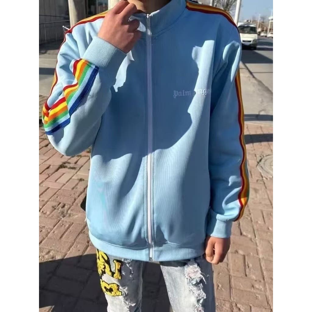 Luz de luxo bordado arco-íris jaqueta das mulheres dos homens Street Wear influenciador primavera outono moletom listras