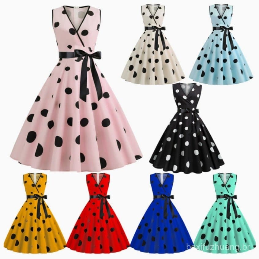 Vestidos Retrô Femininos Audrey Hepburn 1950s 60s Rockabilly Bolinhas Arco Pinup Vestido De Baile Festa