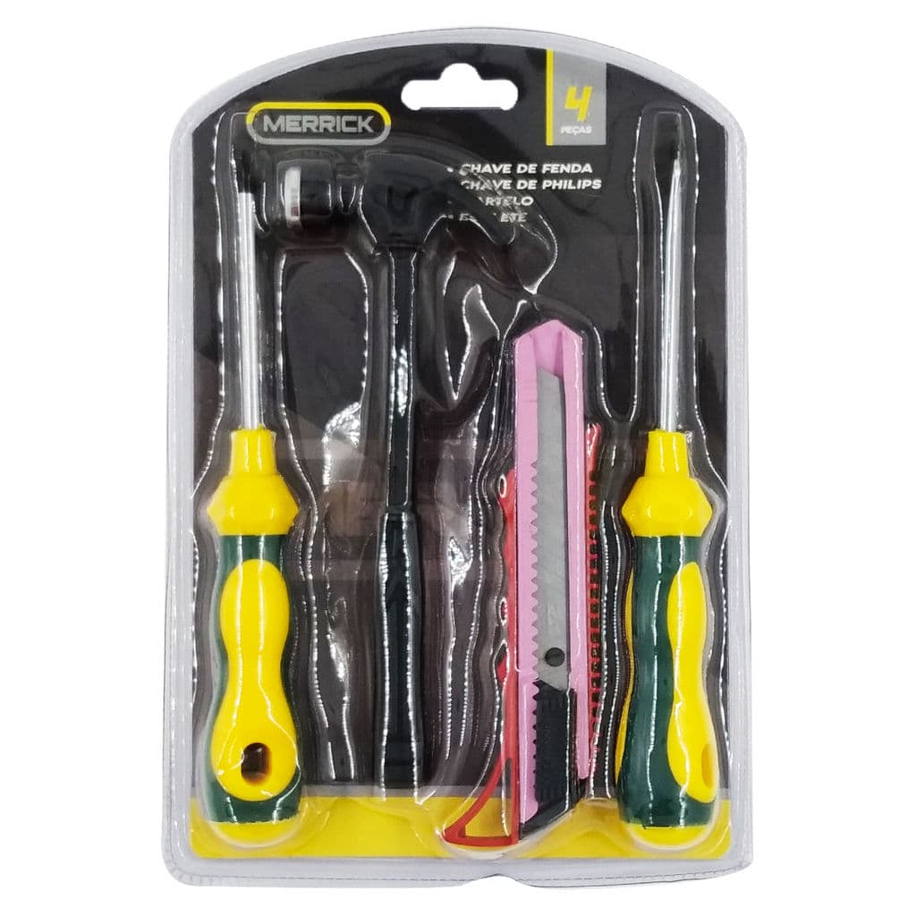 KIT FERRAMENTAS 4 PEÇAS MARTELO, ESTILETE, CHAVE PHILIPS E FENDA