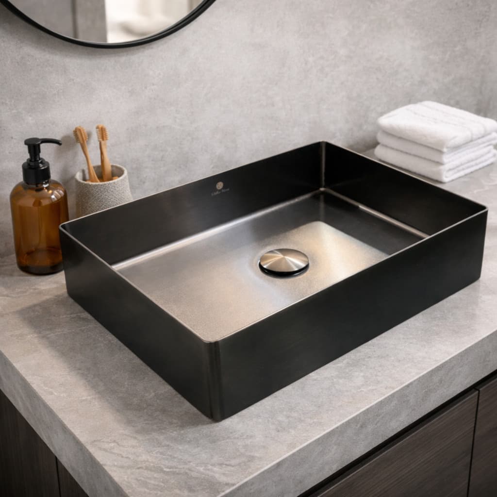 Cuba Retangular Sobrepor Banheiro Aço Inox 304 Preta Válvula Click