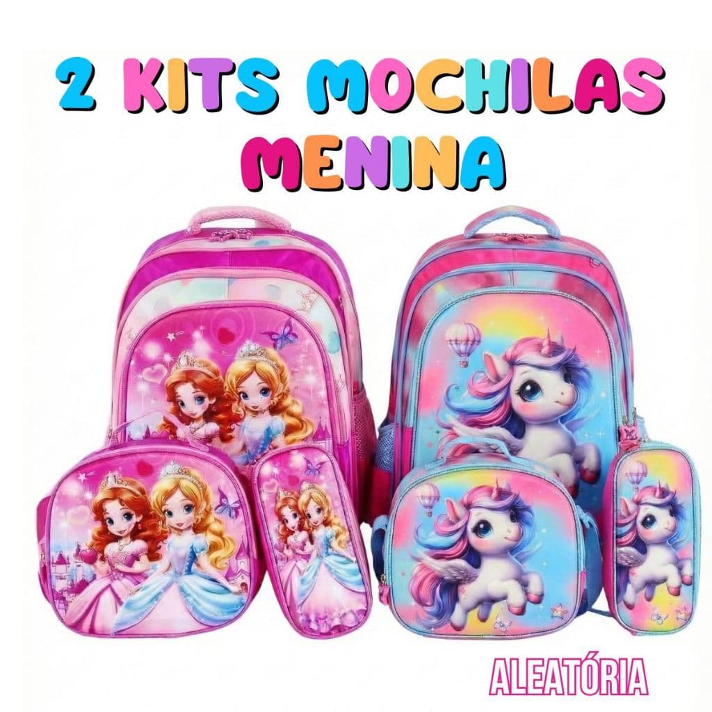 Kit Mochila Infantil Feminina com Lancheira e Estojo 2 Unidades ALEATÓRIO