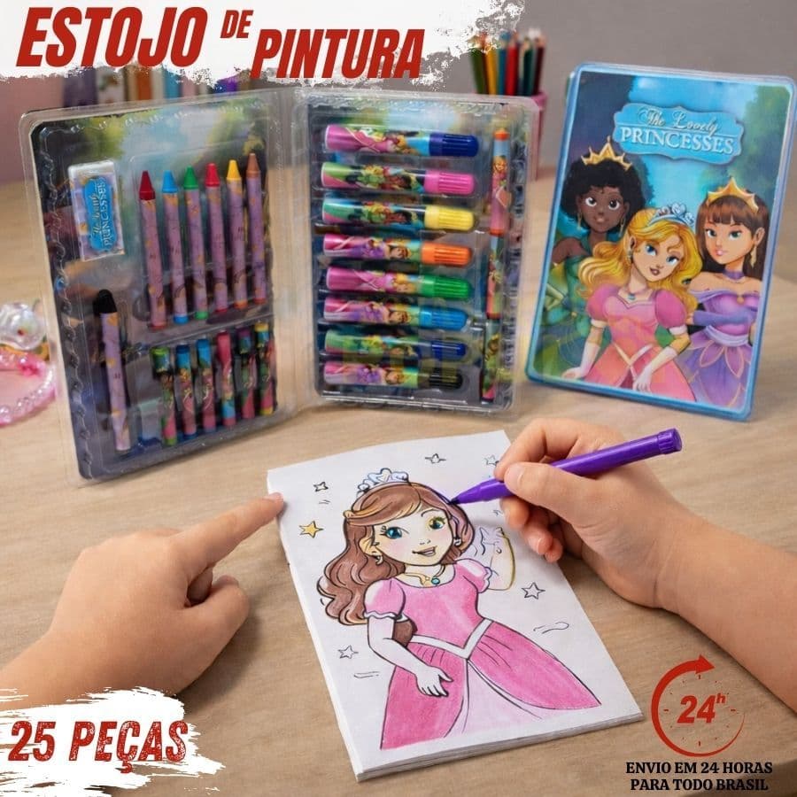 Kit Estojo Escolar de Pintura Infantil 25 Peças The Lovely Princesses