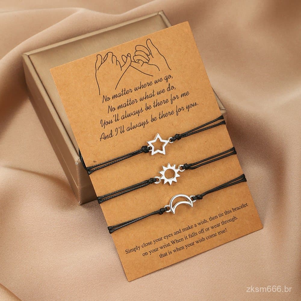 Pulseira Personalizada Sol Lua Estrela Corda de Cera Aço Inoxidável Joias de Amizade para Casal Conjunto de 3 Peças