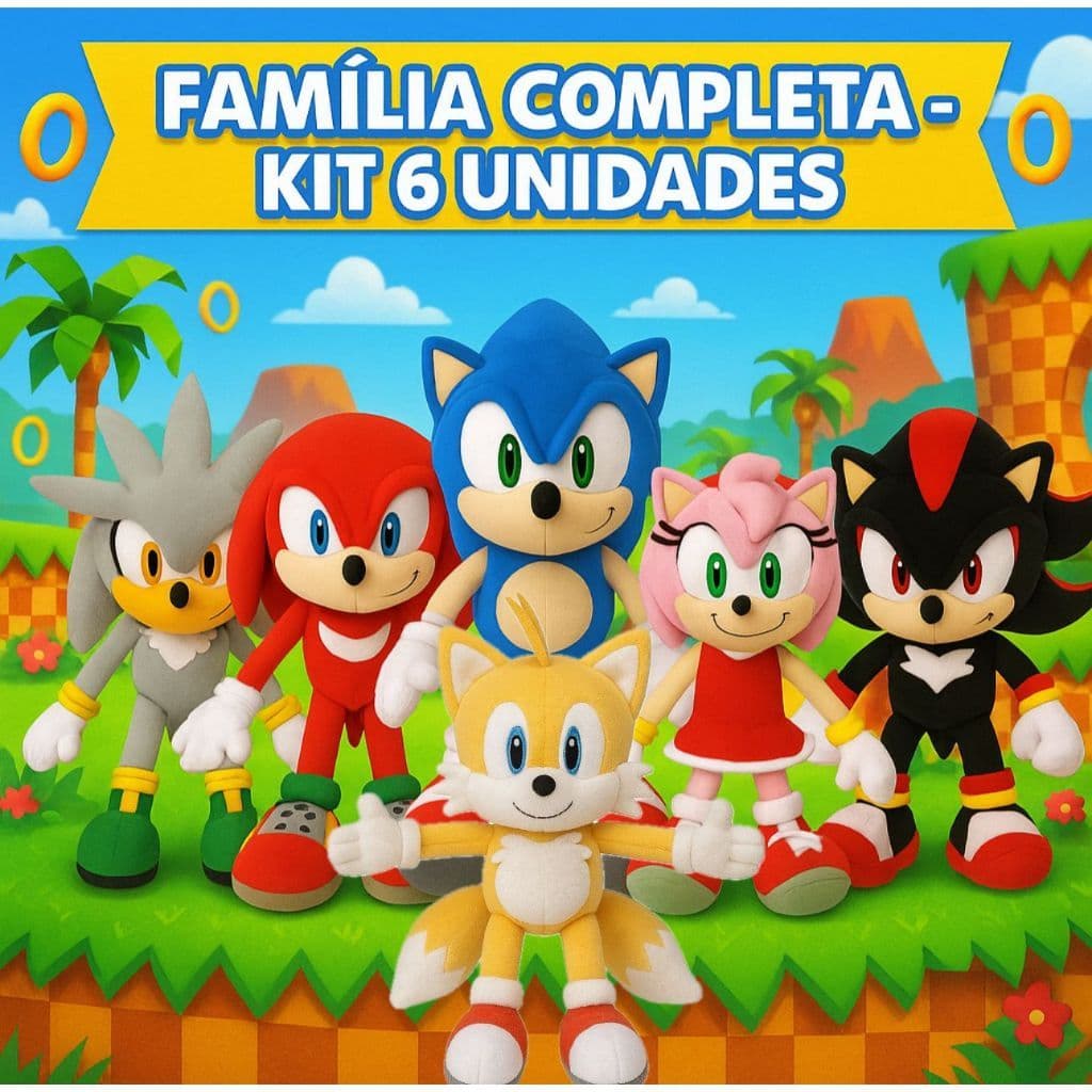 KIT 6 Pelucia 50CM Boneco Sonic Tails Amy Shadow Knuckles Silver Menino Brinquedo Urso de pelúcias
