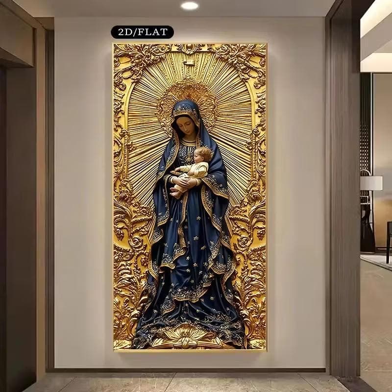 Quadro Decorativo Nossa Senhora com Menino Jesus em Dourado