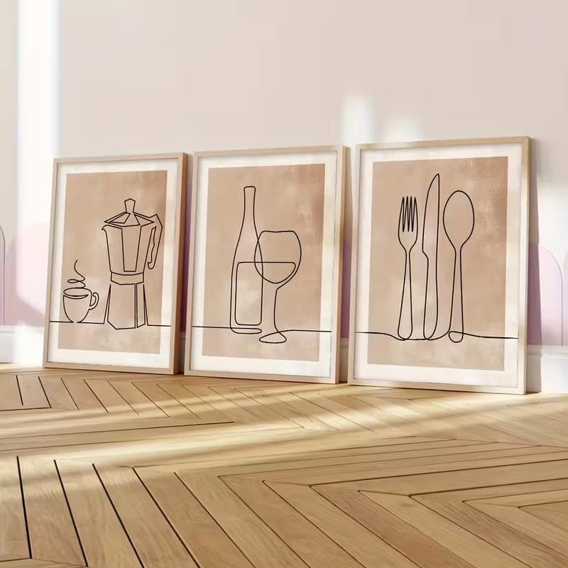 Quadro Decorativo Minimalista Cozinha e Vinho - Arte em Linha Traços Moka Talheres