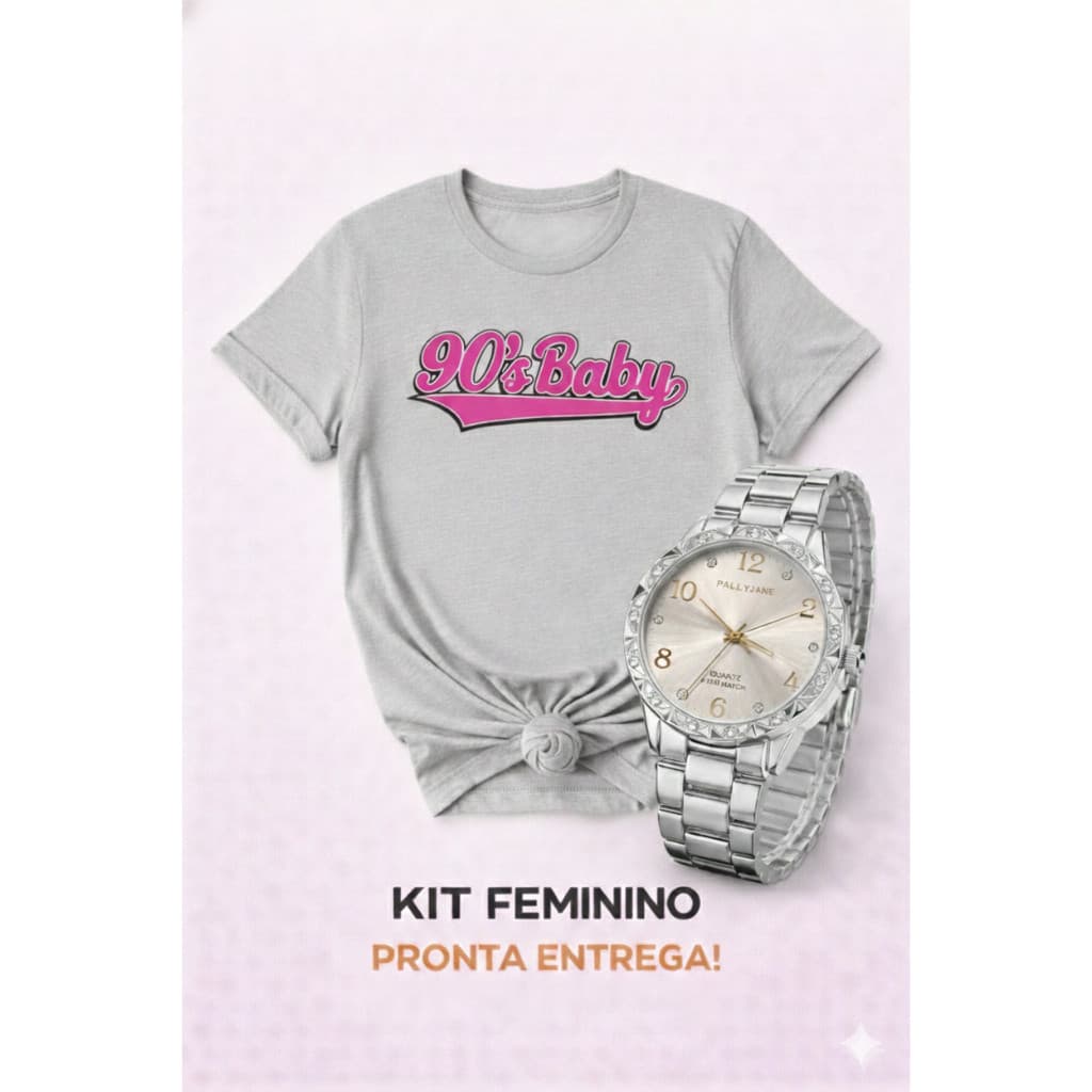 Kit Camiseta Especial: T-Shirt "90 Baby" Camisa 100% Algodão + Relógio Luxo Analógico Envio Imediato