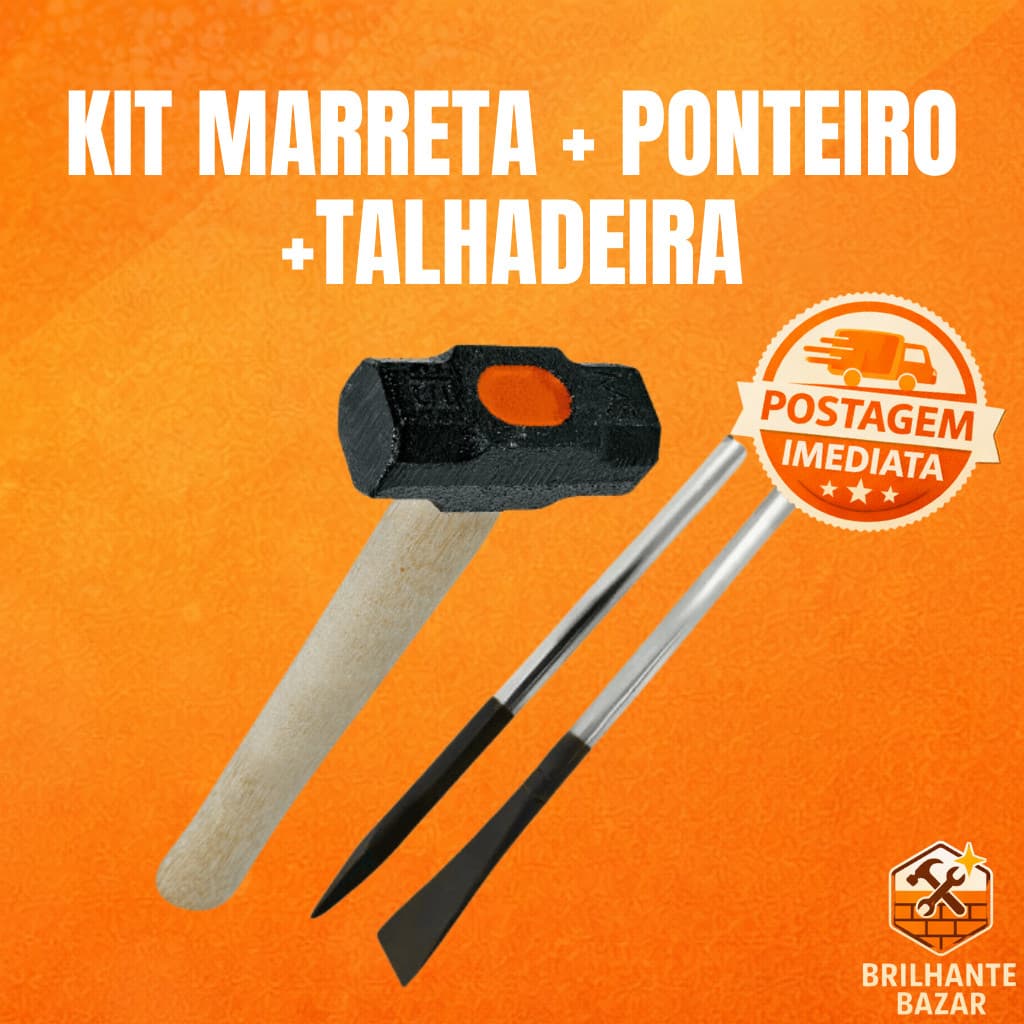 Marreta 1kg Com Cabo + Kit Talhadeira e Ponteiro Kit Obra Ferramentas De Construção