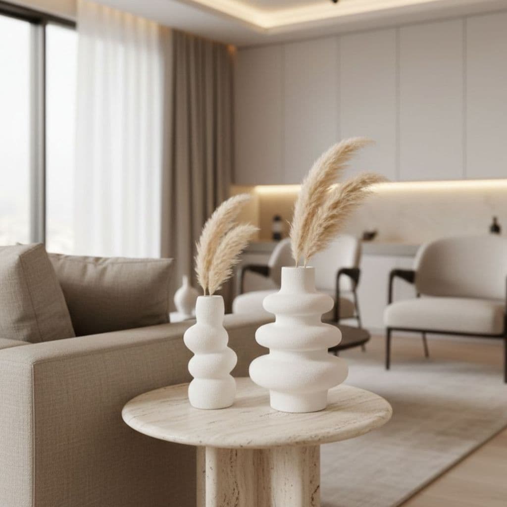 Kit Vaso Decorativo Branco  e Marfim Ondulado Mesa Sala Estilo Minimalista Wave Flint
