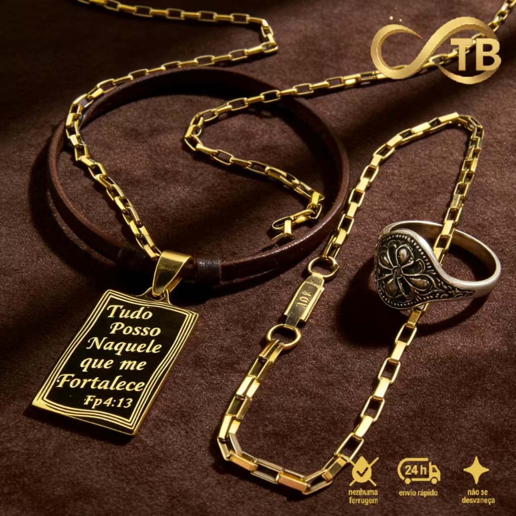 TB  Colar Motivacional Tudo Posso, Pingente Bíblico em Aço Inoxidável Banhado a Ouro