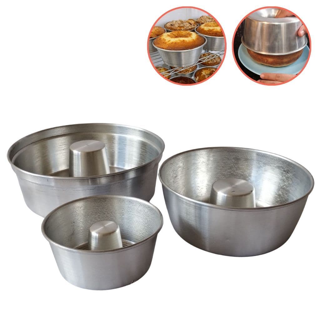 Kit Forma Bolo Redondo Com Furo Alumínio Assadeira Pudim Vulcão Multiuso Confeitaria Torta Cozinha Profissional