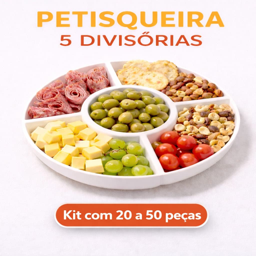 Kit 20 a 50 Petisqueira 25 cm Petiscos Prato Redondo Petisqueira 5 Divisórias Queijos Amendoim Fondue