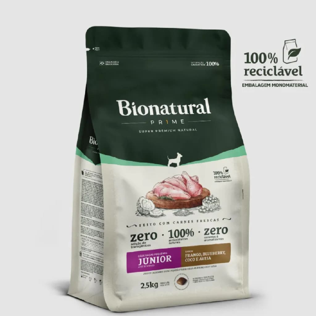 Ração Cães Bionatural Prime Junior Filhote 2,5Kg Frango Raças Pequenas Blueberry Chia Aveia Super Premium