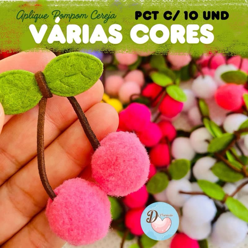 Aplique Pompom Cereja 20mm | Pacote com 10 Unidades | Várias Cores | Ideal para Laços, Tiaras e Artesanato