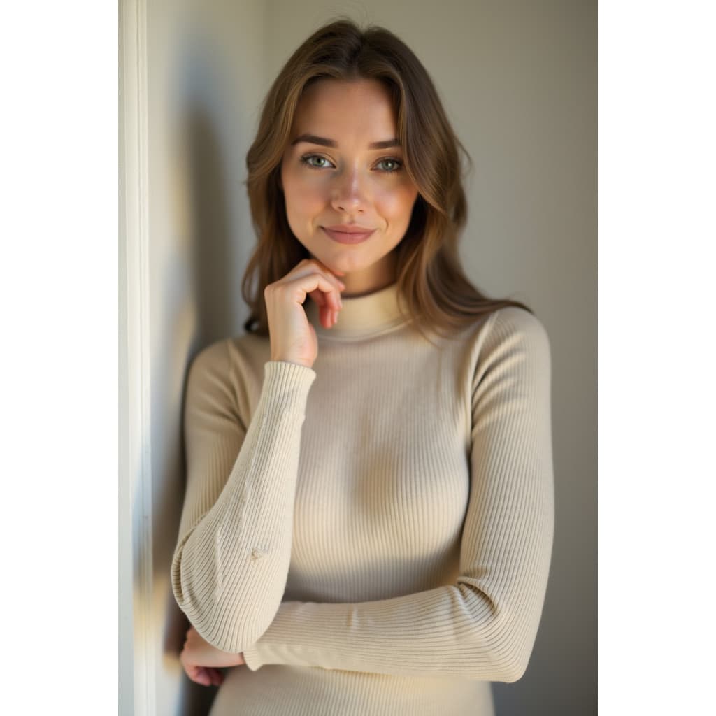 Cacharrel Canelada Feminina Blusa Manga Longa Segunda pele Elegante Suéter Gola Alta Bege Nude Premium