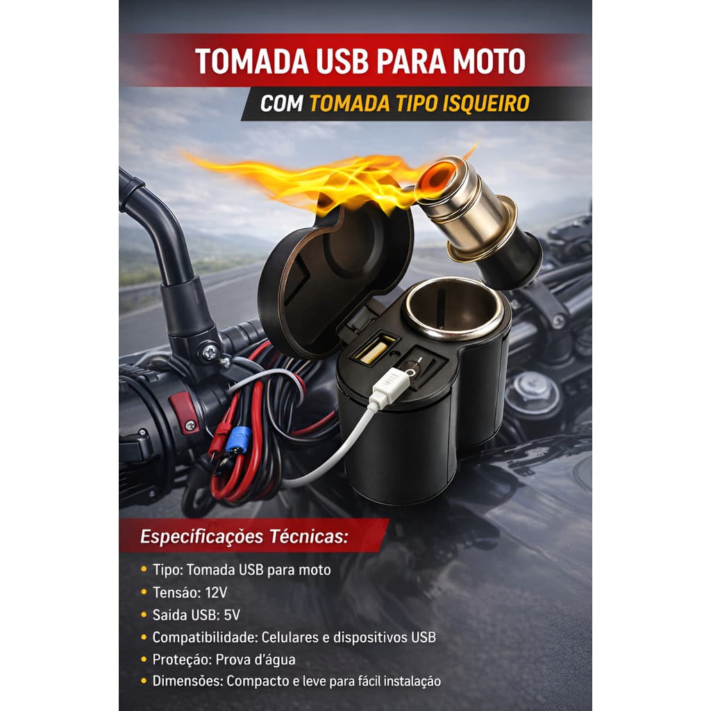 Tomada Moto Carregador Usb 12v Prova Dagua Isqueiro