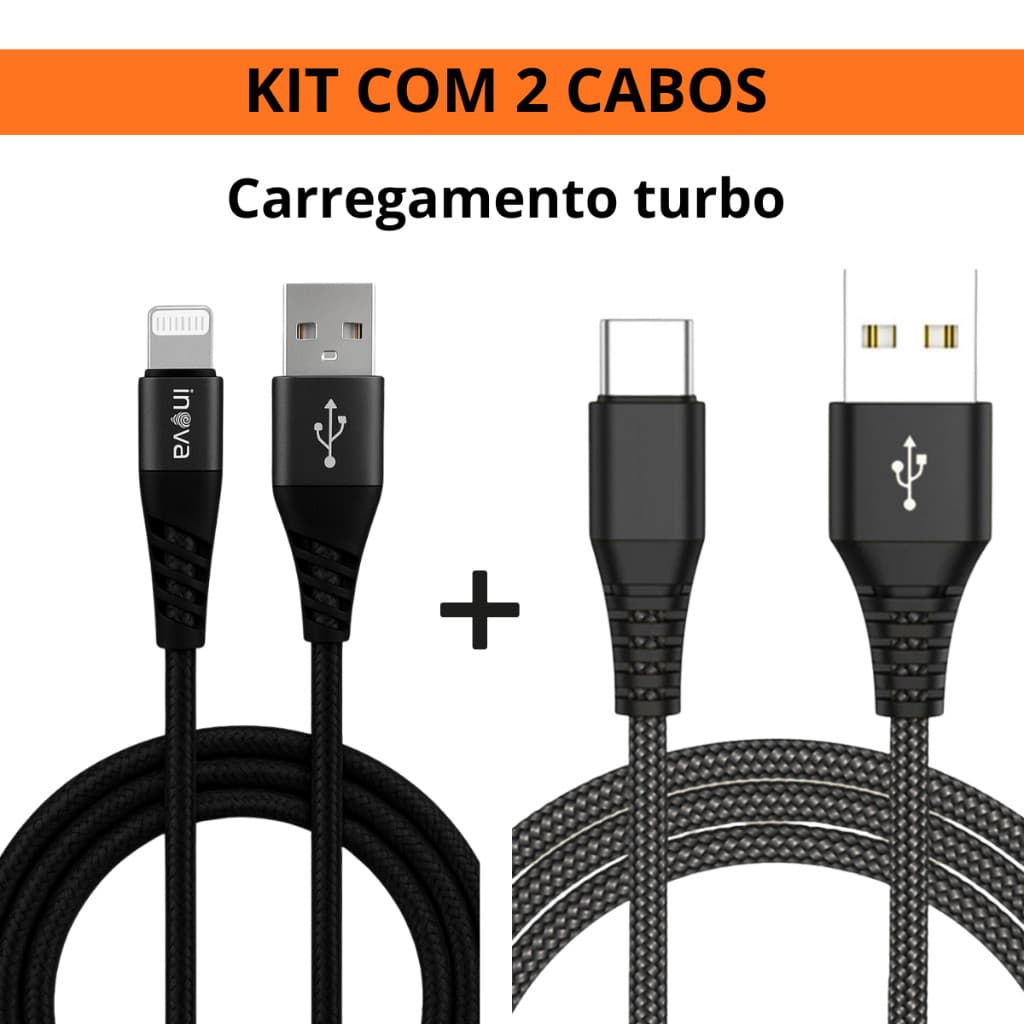 KIT COM 2 CABOS TURBO INOVA USB 1 TIPO C ANDROID E IPHONE + CABO LIGTHNING PARA IPHONE E IPAD