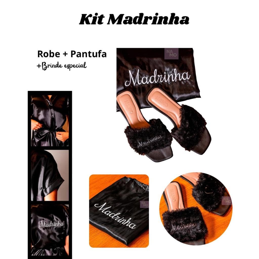 Kit Premium Madrinha Robe Cetim Preto Bic + Pantufa Pelúcia Bordada “Madrinha” Branco