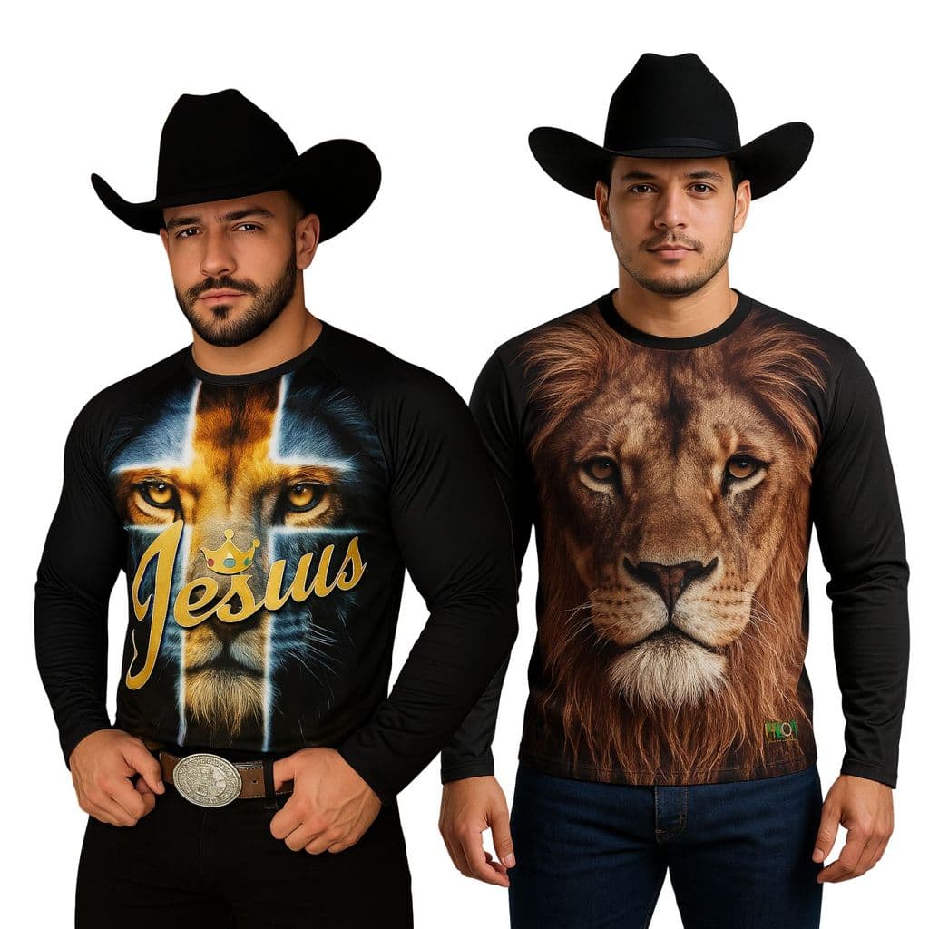 kit 2 Camiseta Masculina Manga Longa Leão de Judá Jesus 3D Estampa Realista