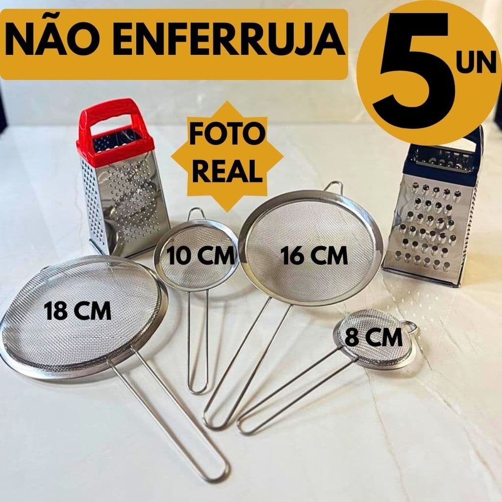 4 Peneiras Inox + Ralador 4 Faces Não Enferruja Para Cozinha Casa Restaurante Uso Diário Lanchonete