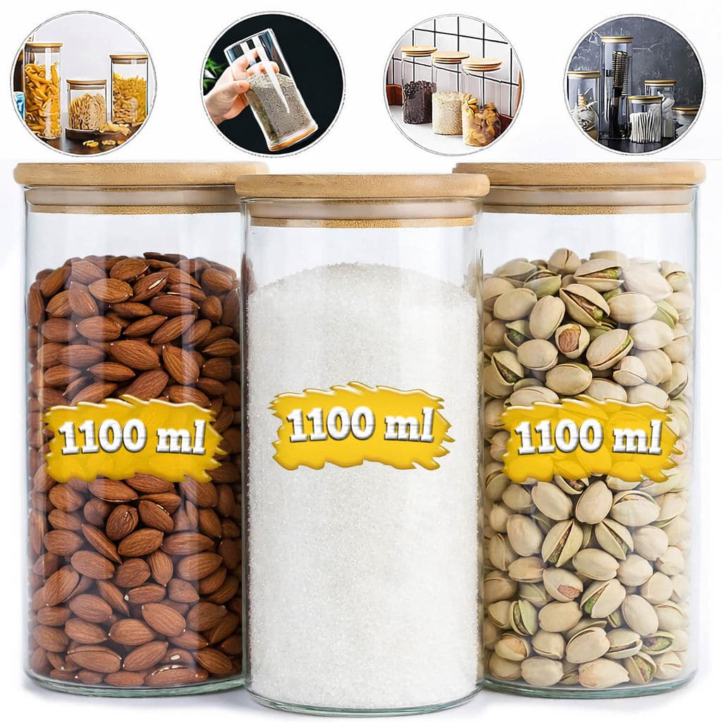 Kit Potes de Vidro 1100ml Tampa de Bambu Herméticos para Alimentos Condimentos Frascos Empilháveis