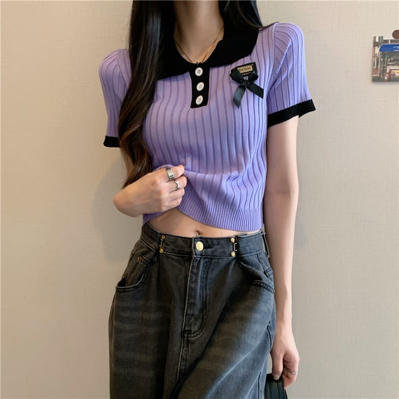 Pronto estoque roxo gelo seda Polo lapela camisola de manga curta nicho Design sentido estilo Preppy curto topo feminino