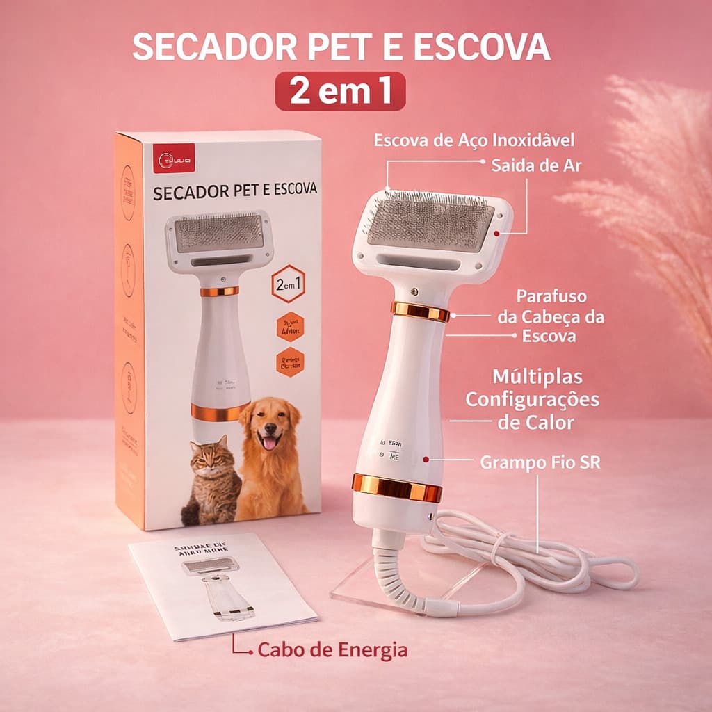 Secador para Cachorro e Gato com Escova 2 em 1 Escova Secadora Pet