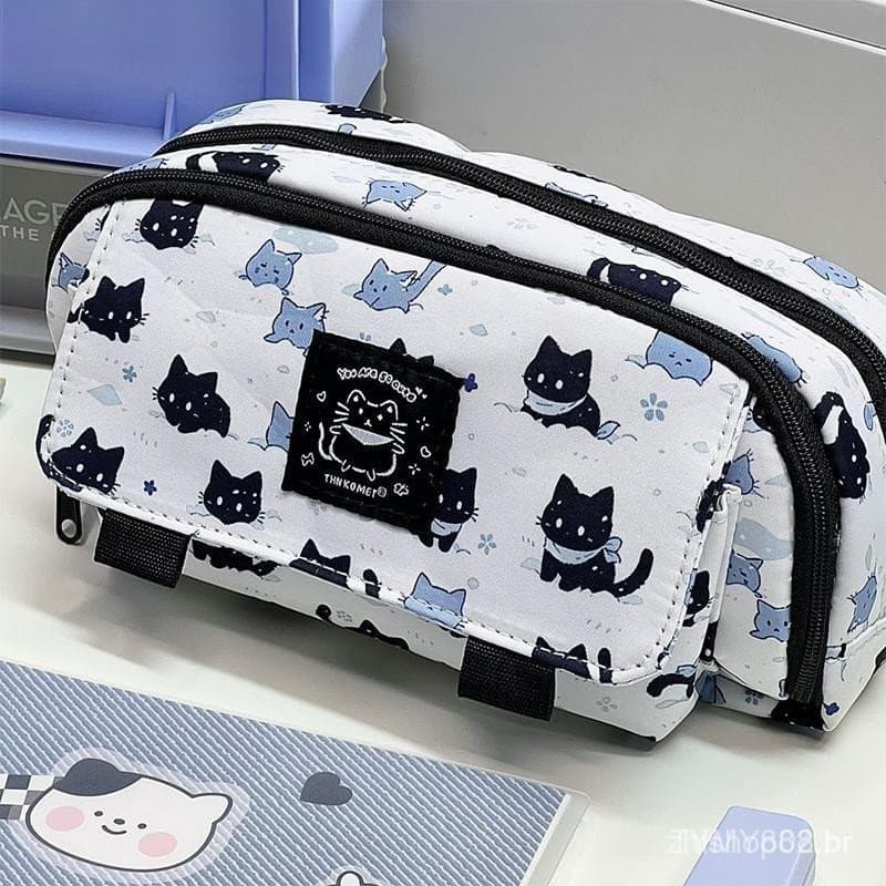Estojo de lápis com padrão de gato de neve em desenho animado, bolsa de armazenamento de grande capacidade, estojo para