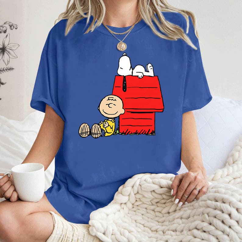 [Camiseta Premium Algodão Puro]LA Camiseta Feminina Adulto Curta Manga Amarela Com Personagens Snoopy e Charlie Brown, A