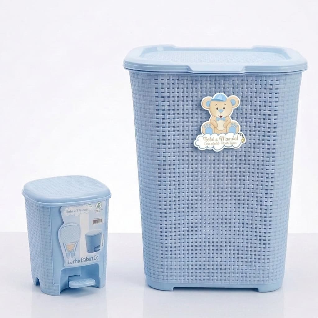Kit Quarto Bebê Lixeira Com Pedal 6L + Cesto Roupas 30L Azul