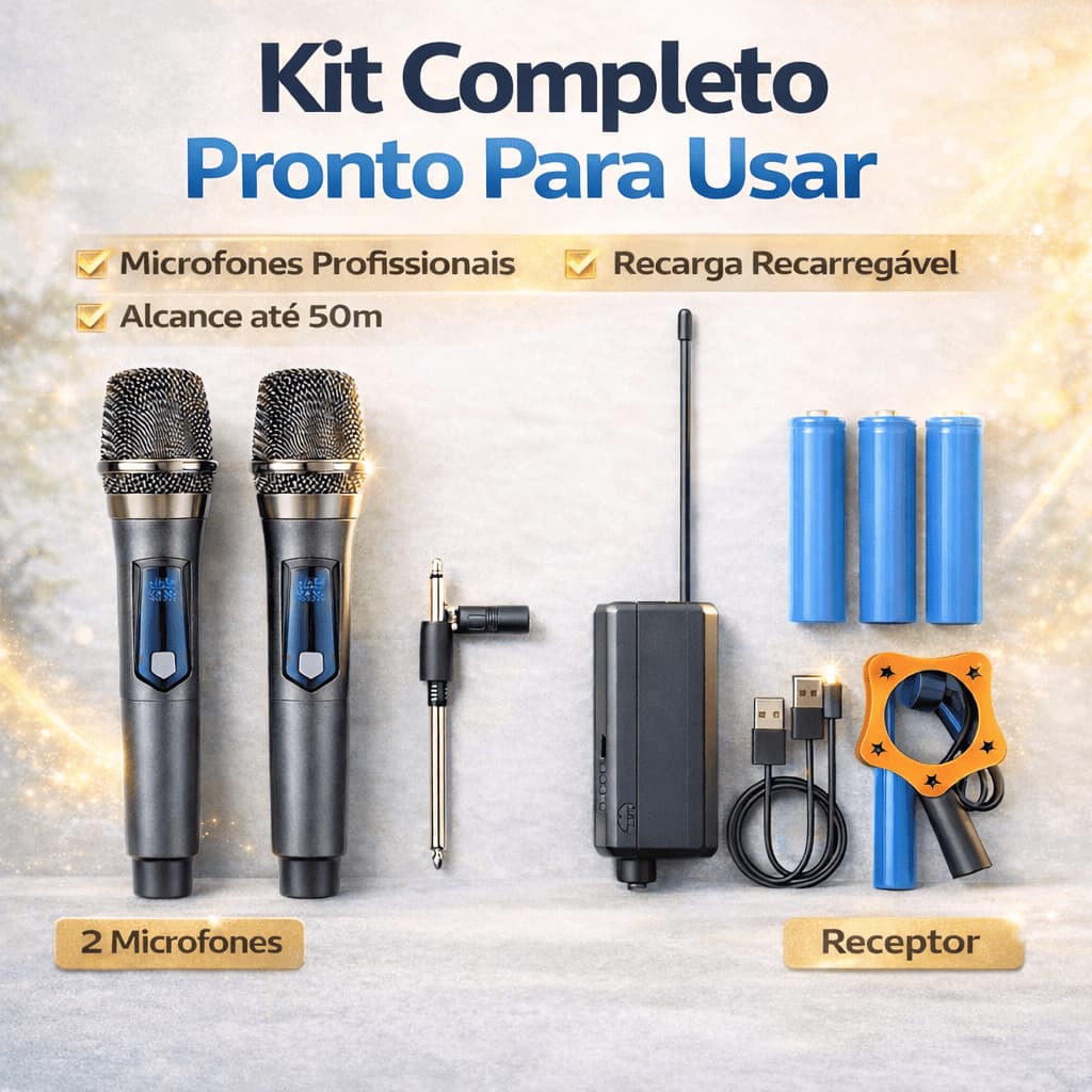 Kit 2 Microfones Dinâmico Sem Fio Profissional Recarregável Uhf Karaokê Cantar