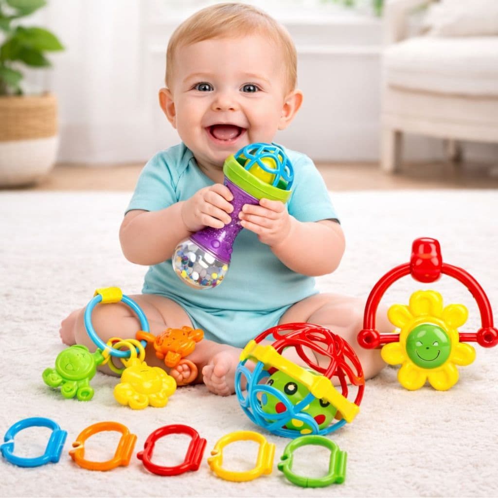Kit Brinquedo Infantil Sensorial Mordedor Chocalho Bebes