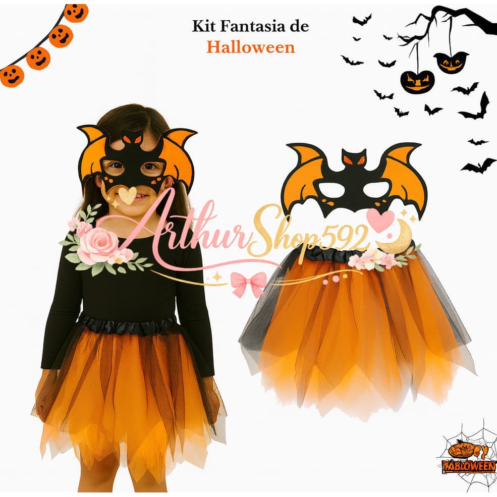 (V)Fantasia Infantil Halloween Saia Laranja com Máscara de Morcego 🦇F4YG
