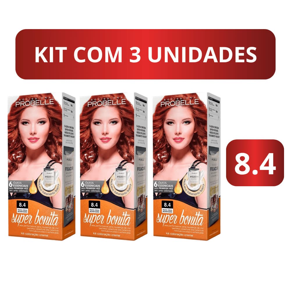 Kit 03 Tinta Capilar Probelle 8.4 Louro Claro Acobreado Super Bonita – Brilho e Maciez aos Fios