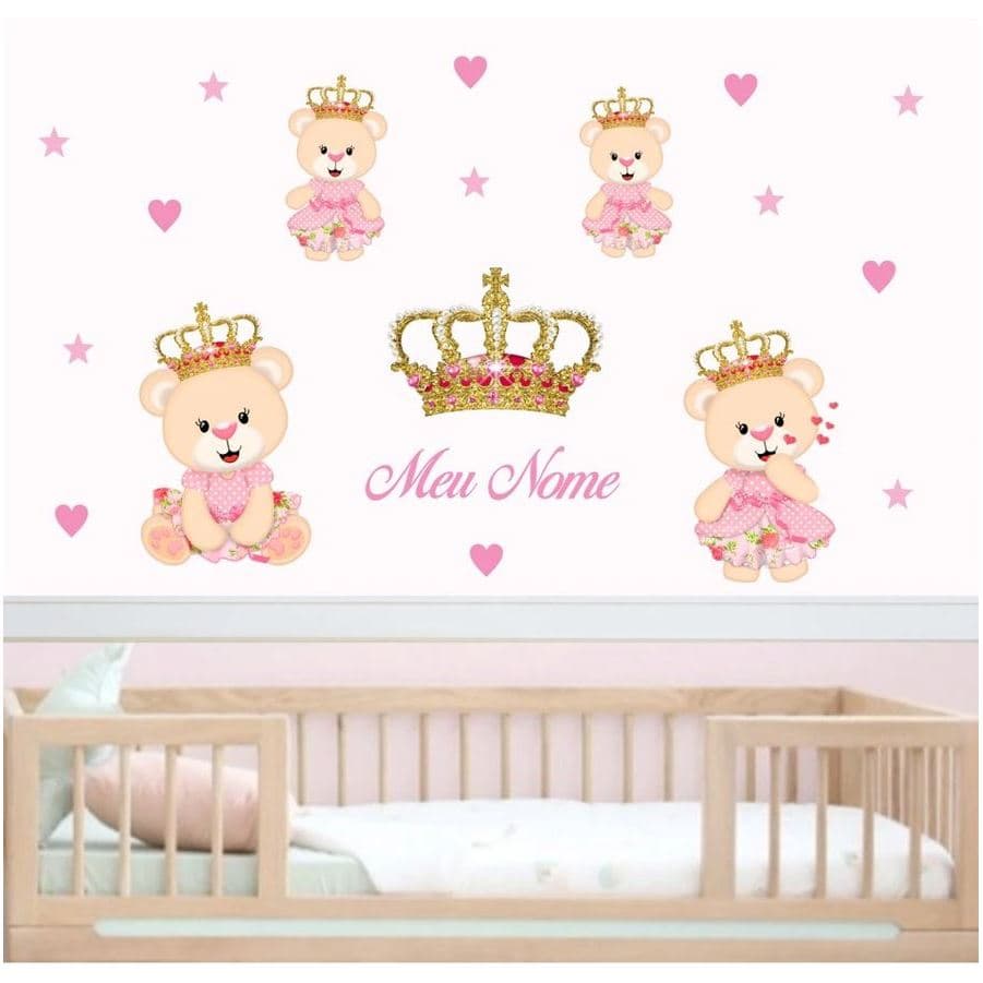 46 Adesivos de Parede Adesivo Ursinha Princesa Coroa Rosa - Decoração Infantil Quarto de Menina
