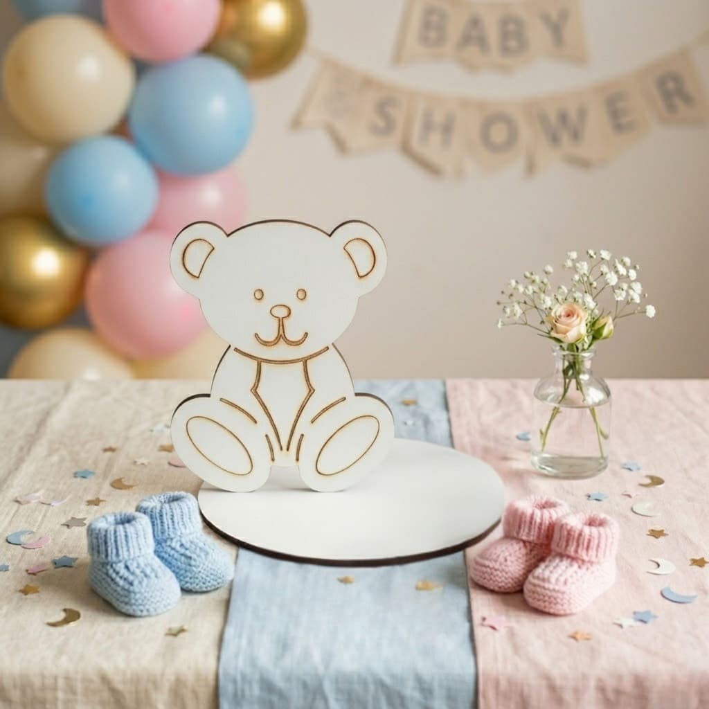 Kit 10 Centros de Mesa Ursinho em MDF Branco – Chá de Bebê