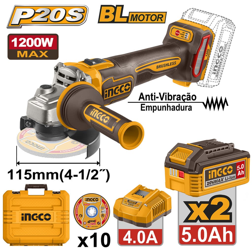 Esmerilhadeira Lixadeira Angular 115mm 4 1/2" 20V Brushless 1200W 2 Baterias 5A INGCO CAGLI2120252-9