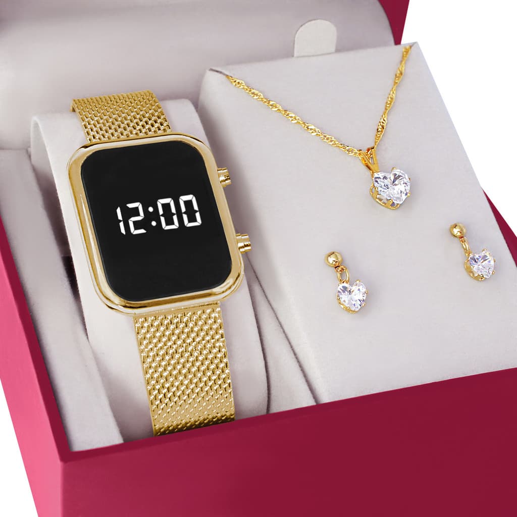 Relógio Feminino Digital Led + Colar Brincos Folheados Ouro