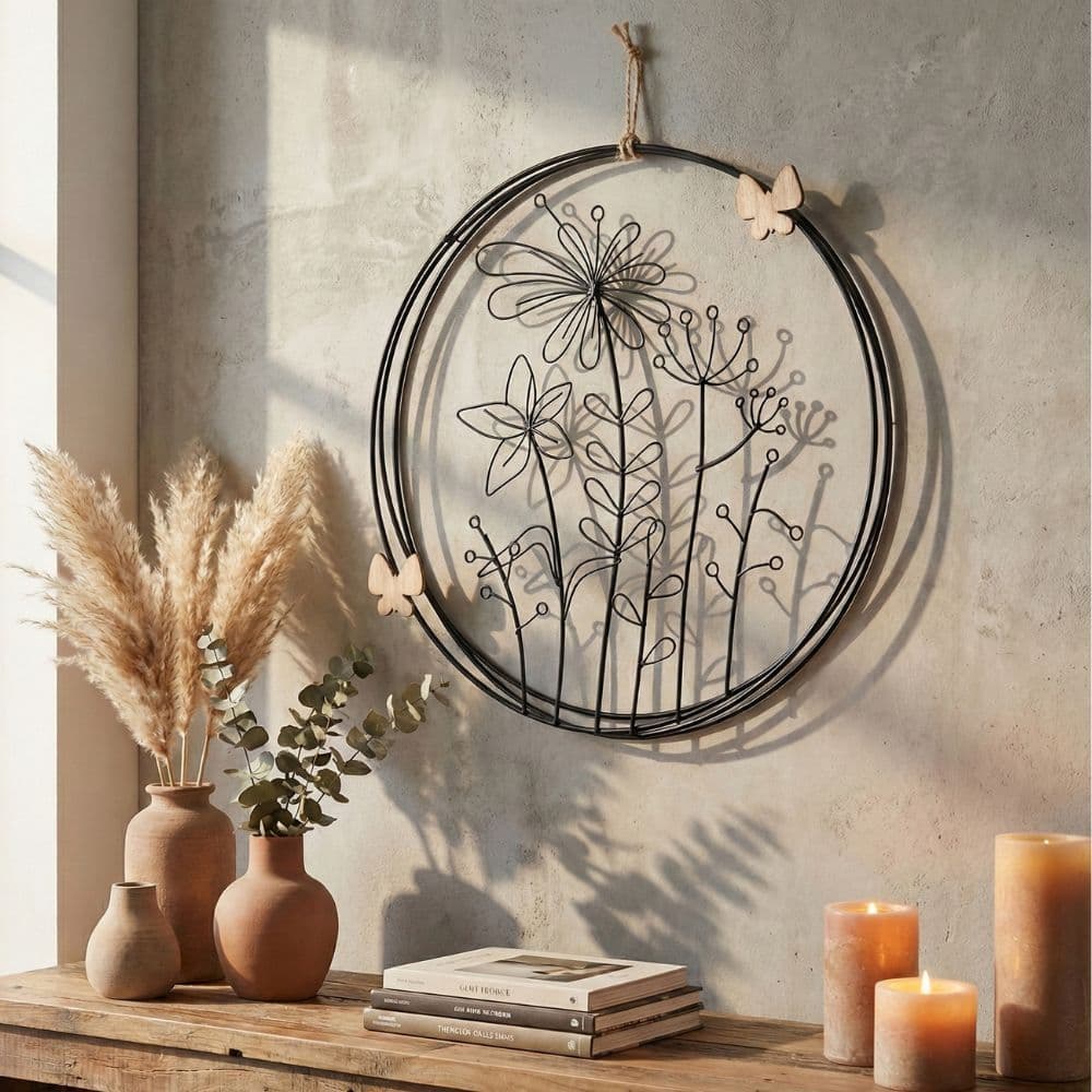 Quadro Vazado Escultura de Parede Metal Flores Preto 23cm Tuut Decor