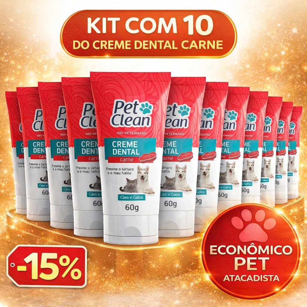 KIT COM 10 – CREME DENTAL PET CLEAN (60g)  Higiene bucal completa para cães e gatos