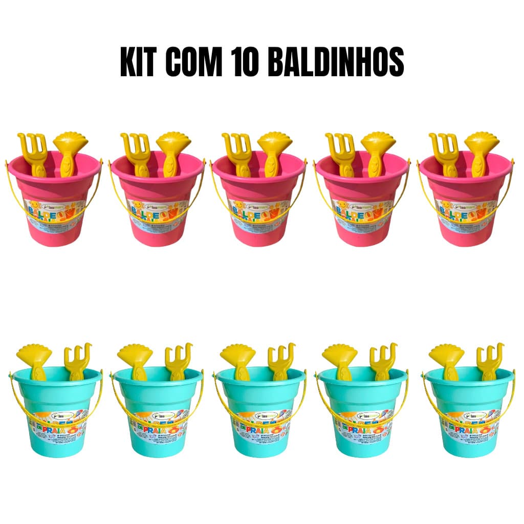 Kit com 10 Baldinho de Praia Com Rastelinho e Pazinha Brinquedo Lembrancinha de Festa