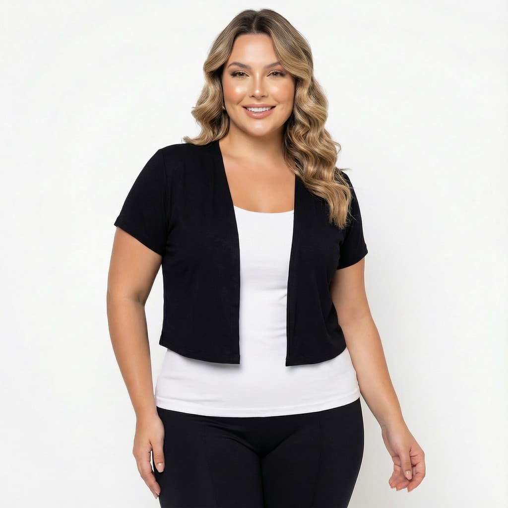 Cardigan Cropped Manga Curta Plus Size Malha Viscolycra
