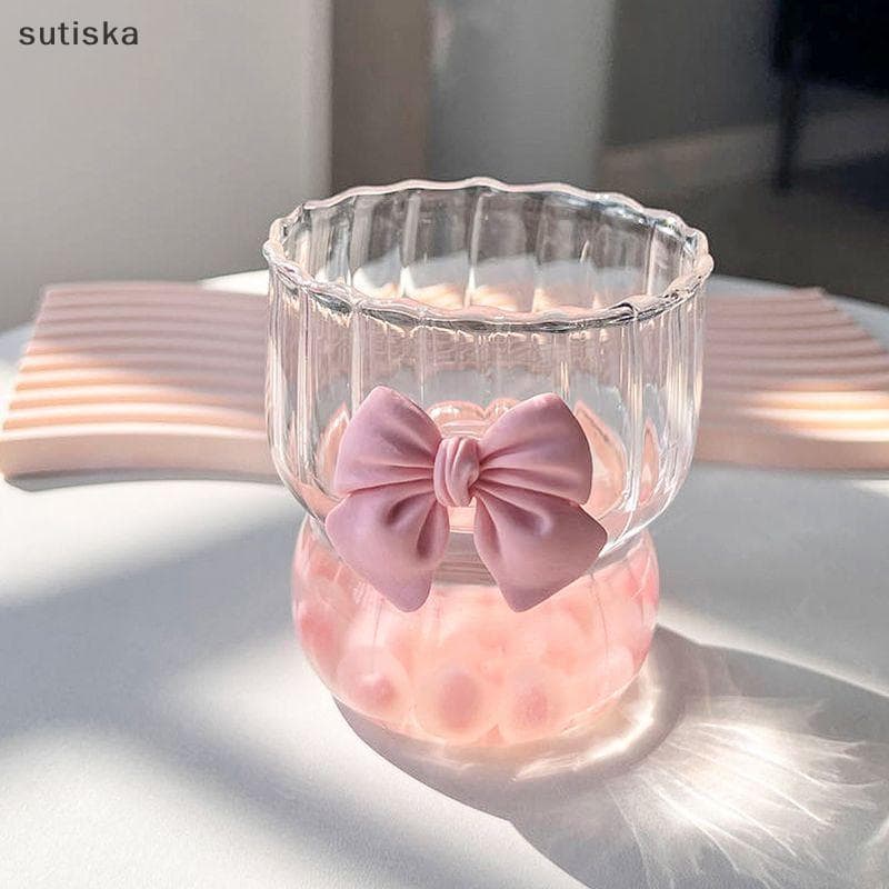 sutiska Rosa Arco Vidro Bonito Copo De Água Dos Desenhos Animados Listrado Doodle Caneca De Café Doméstico Frutas Chá Li