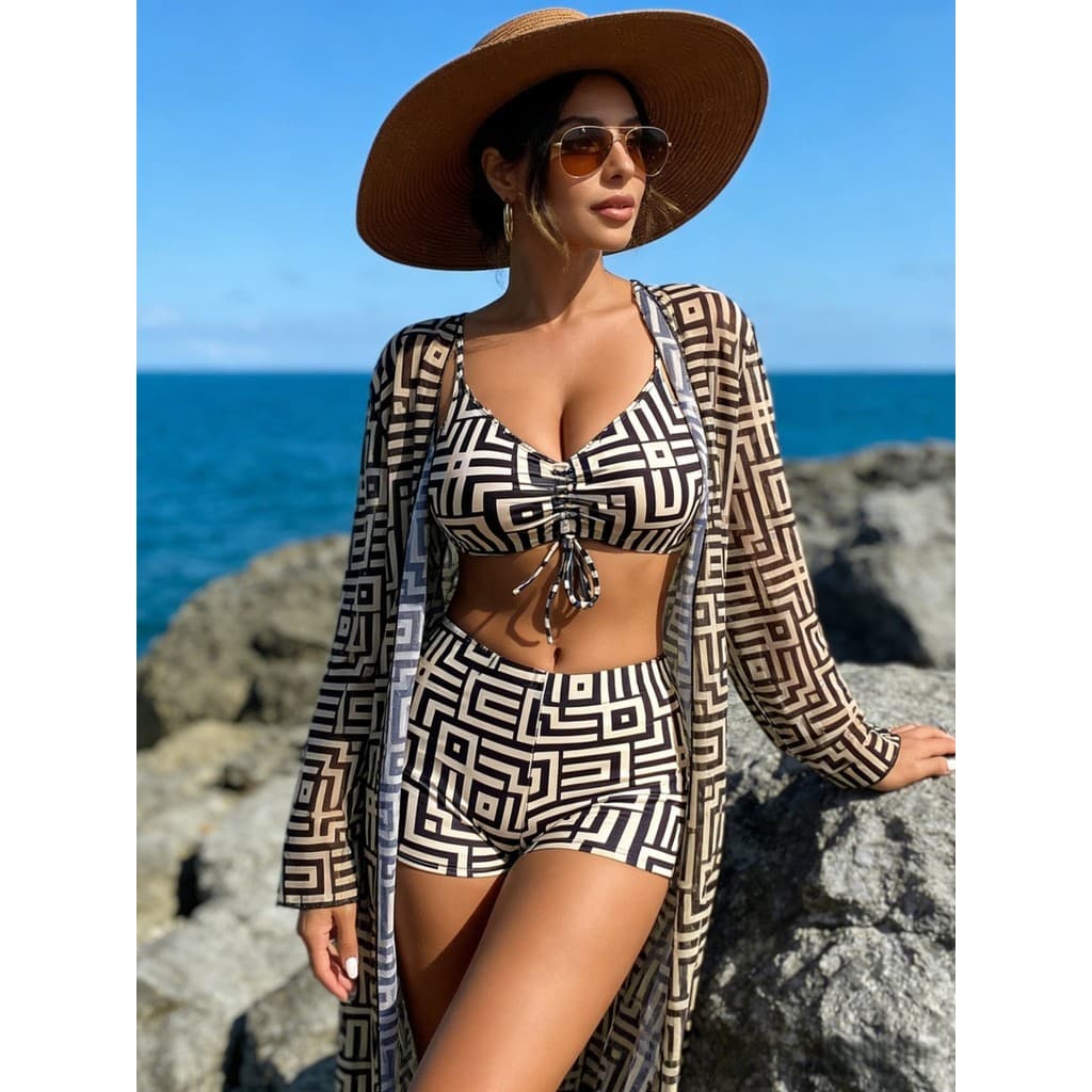 Biquíni 3 Peças Conjunto Praia Feminino Kimono Saída de Praia Estampado Tropical Franzido Cadarço Verão 2026 Piscina QUA