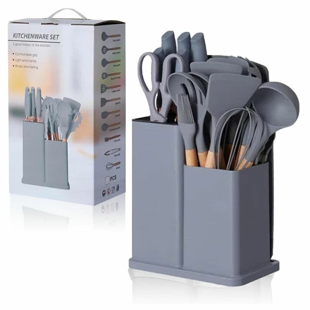 Kit Utensilios Silicone 19 pçs cabo de madeira s/BPA Cinza