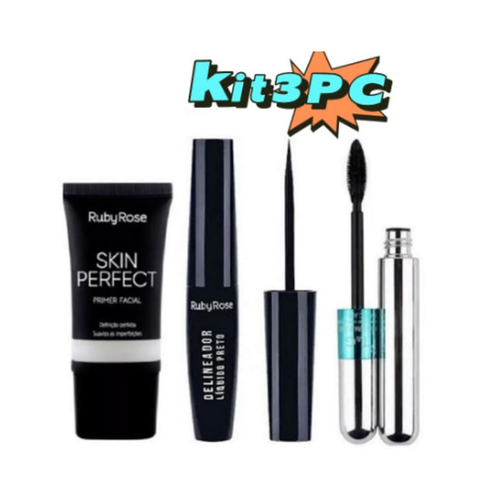 Kit 3 Peca Primer Facial Ruby Rose Skin Perfect HB-8086 +DELINEADOR LIQUIDO PRETO HB8406 e Máscara RÍMEL 4D T&G