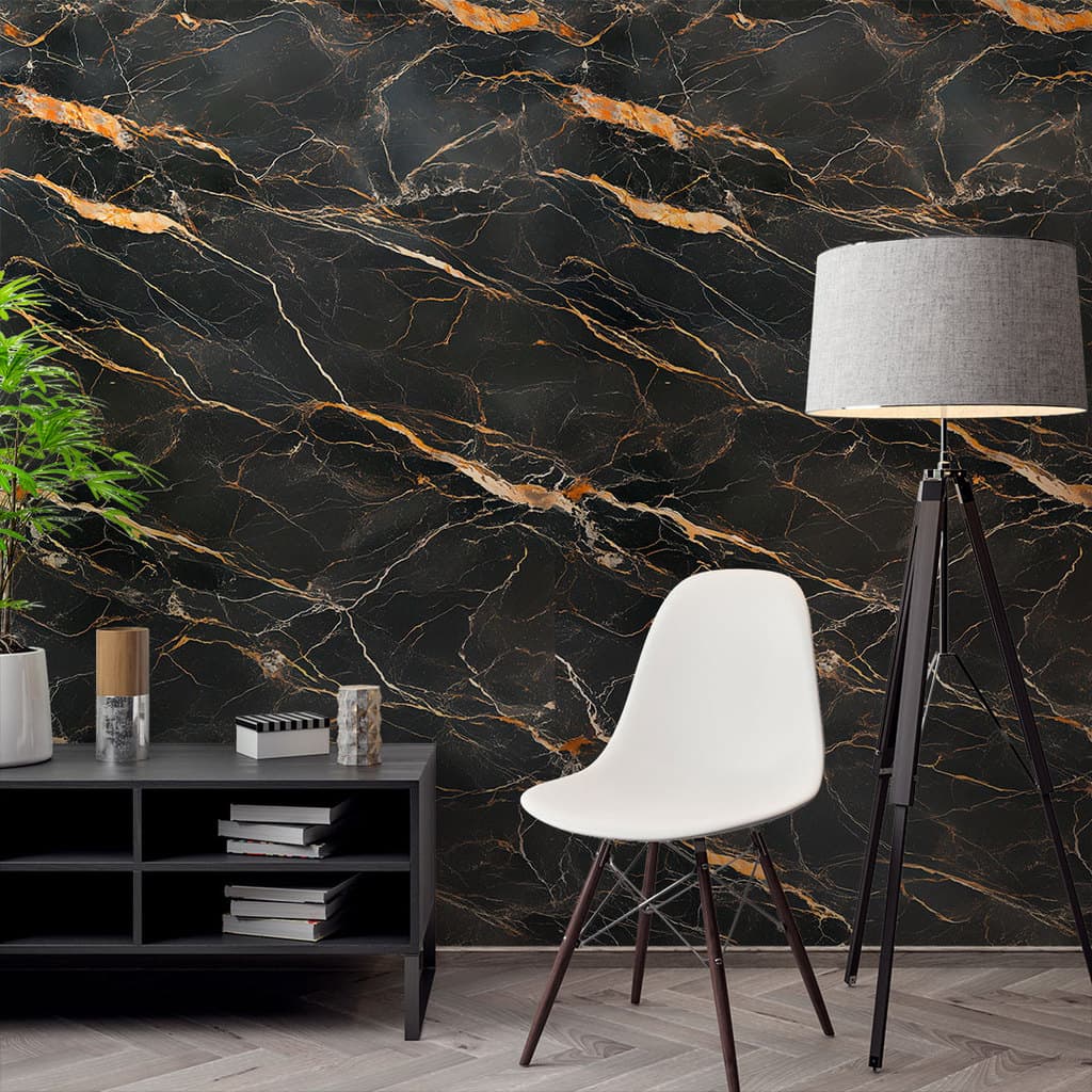 Papel de Parede Marmore preto e dourado 3D Autocolante Lavável