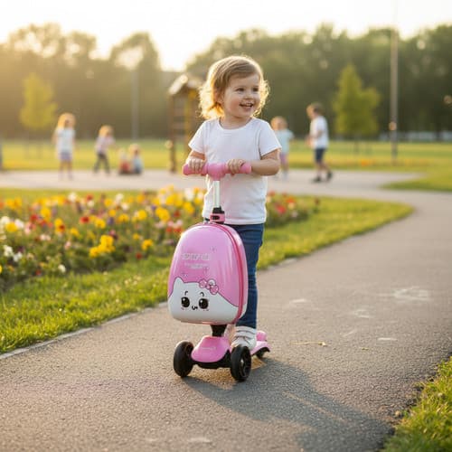 Patinete Elétrico Infantil 3 Rodas com Mala Rosa Luz Freio no Pé Ideal para Crianças Certificado Inmetro