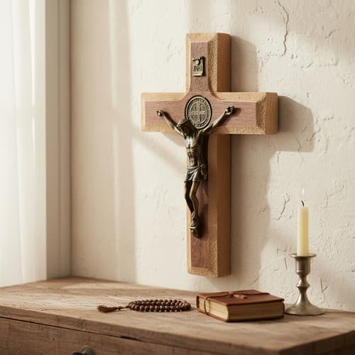 Crucifixo Cruz De Madeira E Metal Medalha São Bento Parede